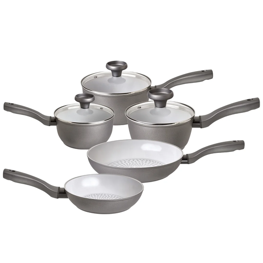 Earthpan 100% Recycled Induction Dishwasher Safe 5 Piece Saucepan And Frying Pan Set - 16,18,20cm Saucepans With Toughened Glass Lids And 20cm And 28c