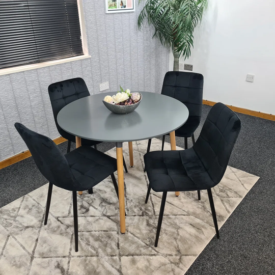 Round Grey Or White Dining Table And 4 Grey Or Black Velvet Tufted Chairs Dining Set