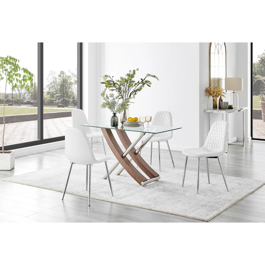 Mayfair Glass & Brown Wood Effect Dining Table & 4 White Corona Silver Chairs