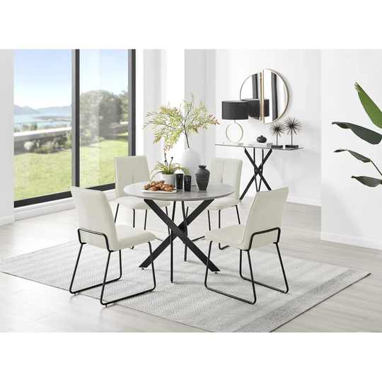 Novara Grey Concrete Effect Black Leg Round Dining Table & 4 Cream Halle Chairs