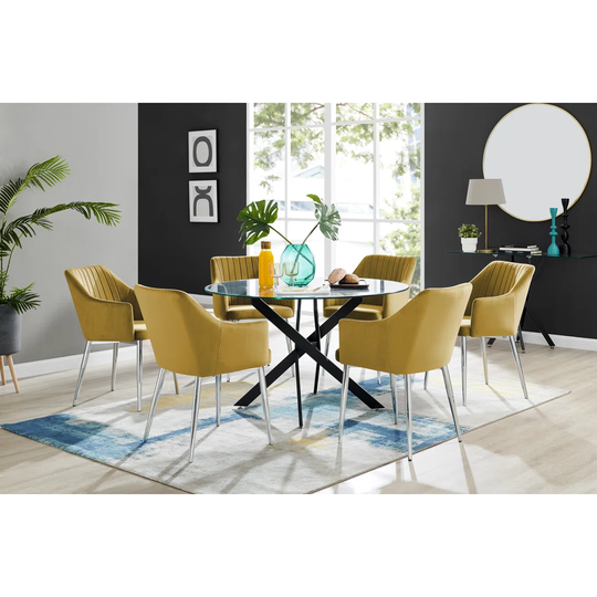 Novara Black Leg Round Glass Dining Table & 6 Mustard Calla Silver Leg Chairs