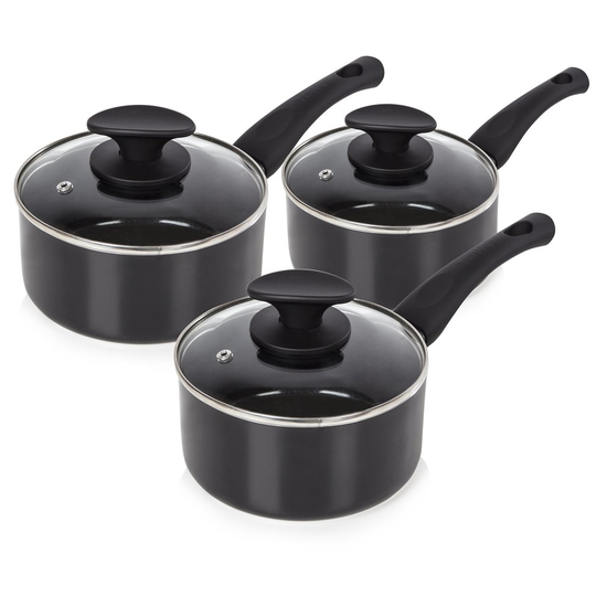 Tower T81507 Essentials Pot Set 16, 18 and 20 cm, Ceramic Coating and Glass Lids, 3 Piece, Black