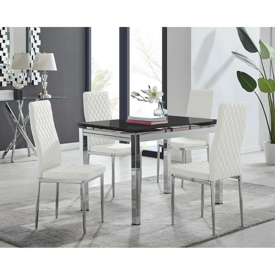 Enna Black Glass Extending Dining Table And 4 White Milan Chairs