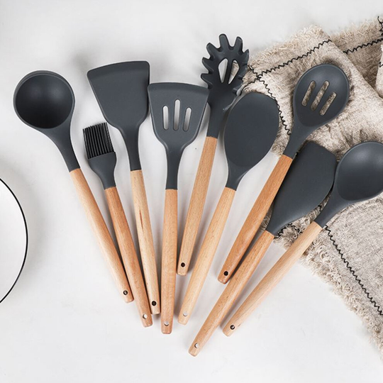 Silicone Wooden Kitchen Cooking Utensils Set Tools Spatula Spoon