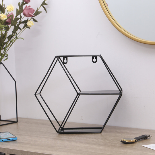 (Black) Metal Wall Shelf Hexagon Wall Floating Display Storage Rack