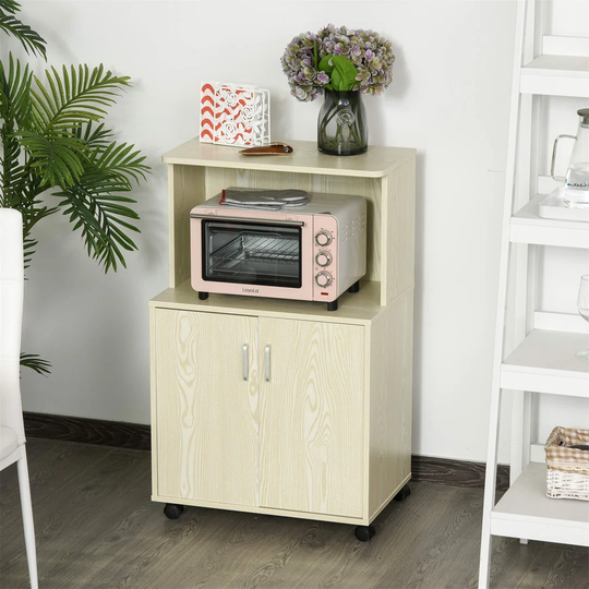 Kitchen Storage Unit, Modern Microwave Stand Trolley Cart, Sideboard With Cabinet, Locking Wheels, Shelf For Living Room, Dining Room, Oak Tone