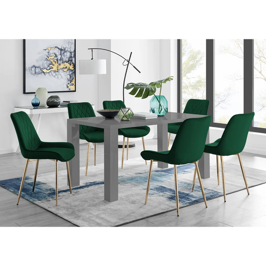 Pivero 6 Grey Dining Table And 6 Green Pesaro Gold Leg Chairs