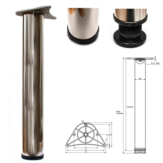 1 x 710mm Adjustable Brushed Chrome Breakfast Bar Worktop Support Table Leg 80mm