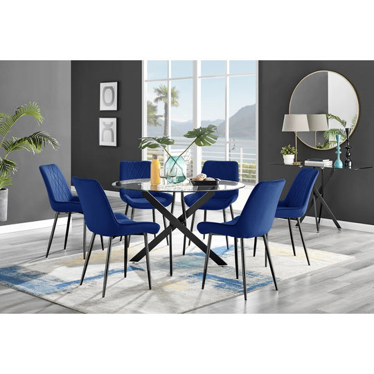 Novara Black Leg 120Cm Round Glass Dining Table & 6 Navy Pesaro Black Leg Chairs
