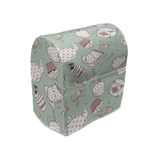 Tea Party Stand Mixer Cover, Polka Dots On Teapots And Cups Cupcake With Cherry On Top Teabag English, Kitchen Appliance Organizer Bag Cover With Pock