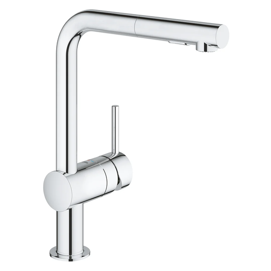 GROHE Minta single-lever sink mixer, 360° swivel spout, high L-spout, pull-out comfort shower head. A modern kitchen tap in a chrome finish. Easy to