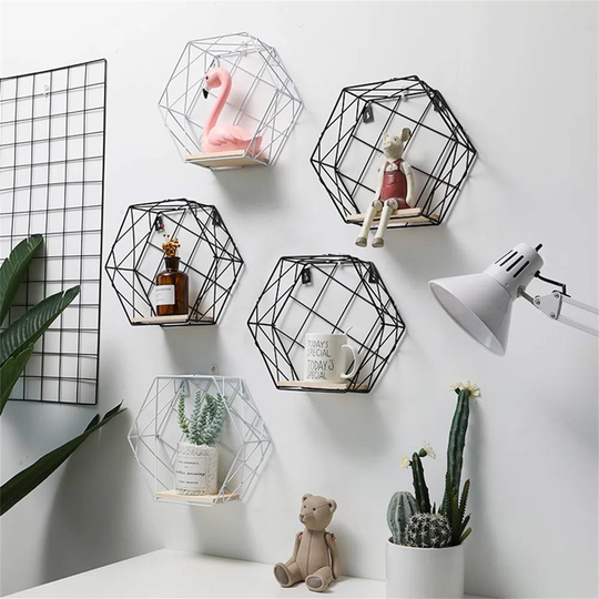 Floating Shelves Wall Mounted Metal Wire Art Hexagon Shelves With Solid Wood Board For Plant Display, Storage Racks & Organiser, Home Decoration Wall