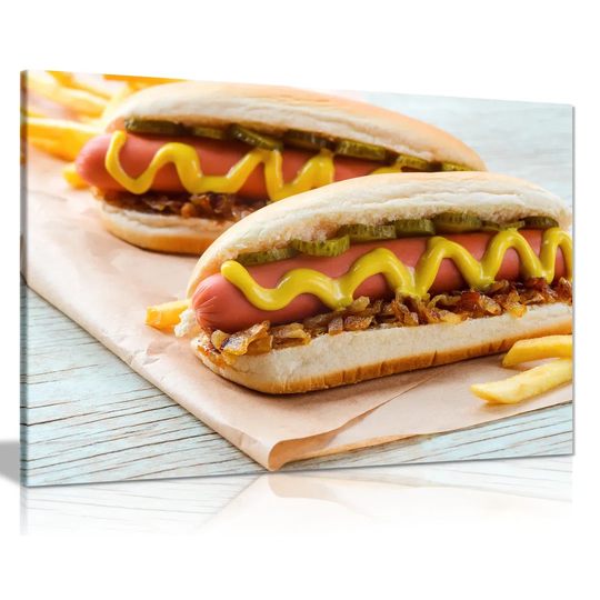 American Hot Dogs With Sausage Grilled Onions And Mustard Fast Food Takeway Canvas Wall Art Picture Print