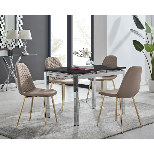 Enna Black Glass Extending Dining Table And 4 Cappuccino Corona Gold Leg Chairs