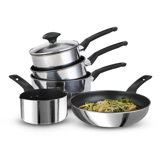 Prestige - 9X Tougher - 5 Piece Cookware Set - Ultra Durable Stainless Steel - Non-Stick - Induction Suitable - Dishwasher And Oven Safe - Glass Lids