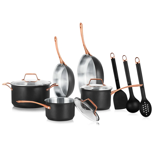 Non-Stick Kitchenware Pots & Pans - 11 Pcs. Stylish Kitchen Cookware Set W/ Modern Cookware Design, Small & Medium Skillet Fry Pans W/ Golden Handles