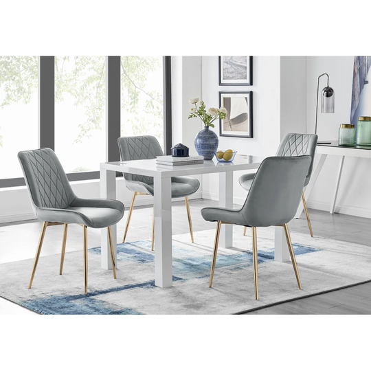 Pivero 4 White Dining Table And 4 Grey Pesaro Gold Leg Chairs