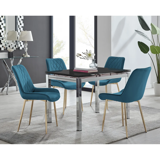 Enna Black Glass Extending Dining Table And 4 Blue Pesaro Gold Leg Chairs