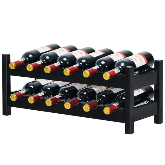 2 Tier Countertop Wine Rack, 12-Bottle Bamboo Freestanding Wine Holder Organizer With Arc Design, Space-Saving Wine Display And Storage Shelf For Kitc