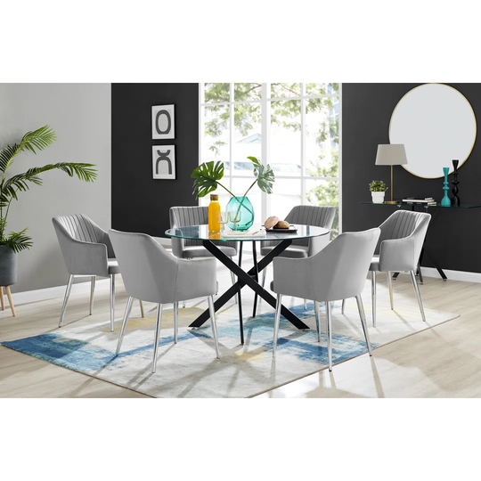 Novara Black Leg Round Glass Dining Table & 6 Grey Calla Silver Leg Chairs