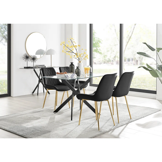 Leonardo Black Leg Glass Dining Table & 4 Black Pesaro Gold Leg Chairs