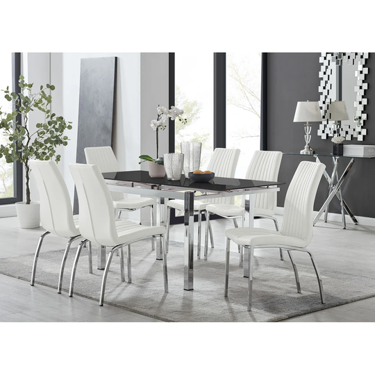 Enna Black Glass Extending Dining Table And 6 White Isco Chairs