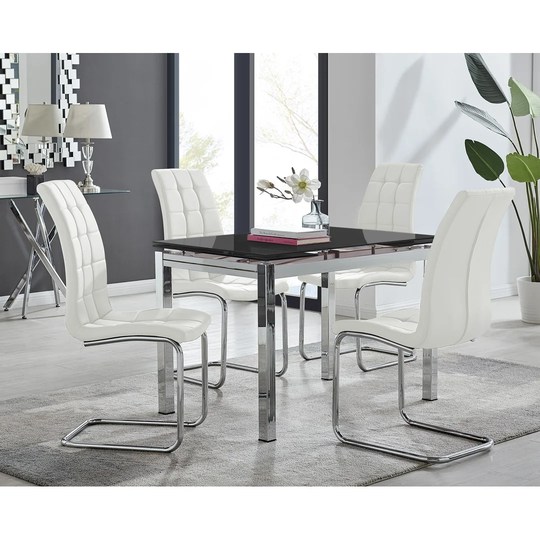 Enna Black Glass Extending Dining Table And 4 White Murano Chairs