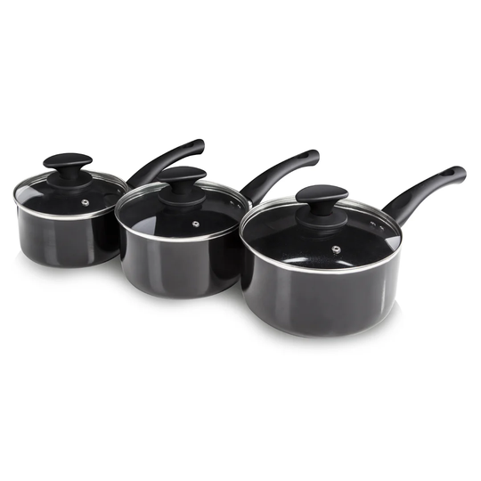 Tower T81507 Essentials Induction Pot Set, Non Stick Ceramic Coating, Easy to Clean, Dishwasher Safe, Black, 3 Piece, 16/18/20 cm
