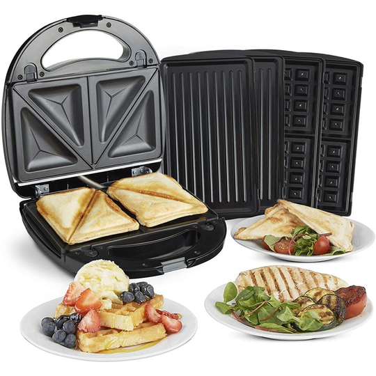 VonShef 3-in-1 Sandwich Toaster, Waffle Maker & Grill - Dual Plate Press for Toasties, Paninis & Snacks - Easy to Use & Clean, Non-Stick