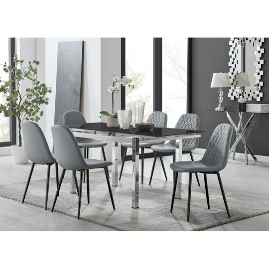 Enna Black Glass Extending Dining Table And 6 Grey Corona Black Leg Chairs