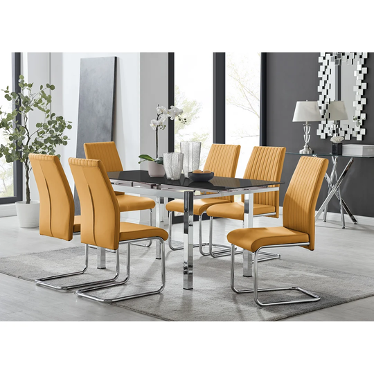 Enna Black Glass Extending Dining Table And 6 Mustard Lorenzo Chairs