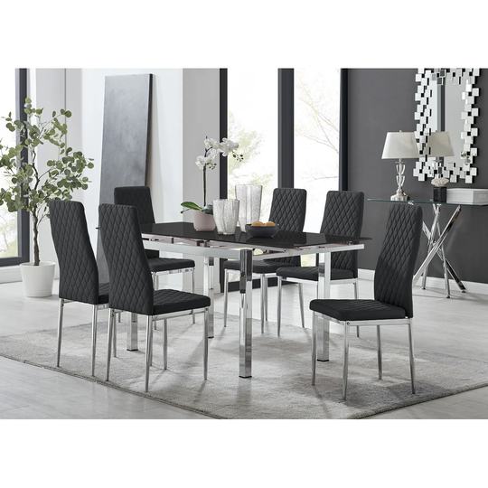Enna Black Glass Extending Dining Table And 6 Black Milan Chairs