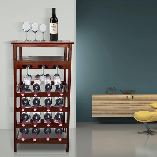Wine Rack, Natural Wine Racks Countertop, 16 Bottles Pine Wine Rack Freestanding Floor With Glass Holder & Table Top, Wobble-Free 4-Tier Wine Storage