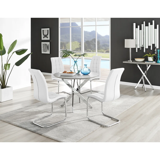 Novara Grey Concrete Effect Round Dining Table & 4 White Murano Chairs