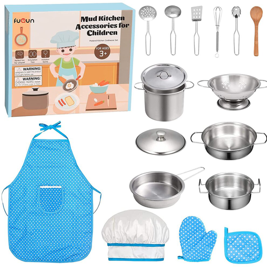 FUQUN 17 Pcs Pretend Play Kitchen Cookware Set Cooking Toy Cookware Playset Stainless Steel Pots & Pans Bundle For Kids - Childrens Role Pla