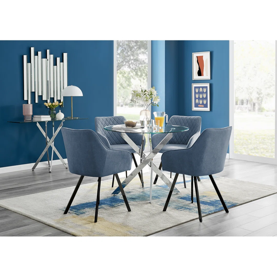 Novara Round Glass Dining Table & 4 Blue Falun Black Leg Chairs