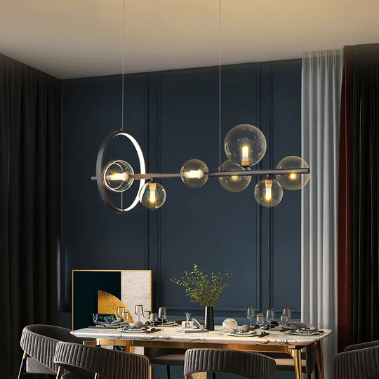 Modern Minimalist 7-Light Glass Globe Shade Kitchen Island Light In Black