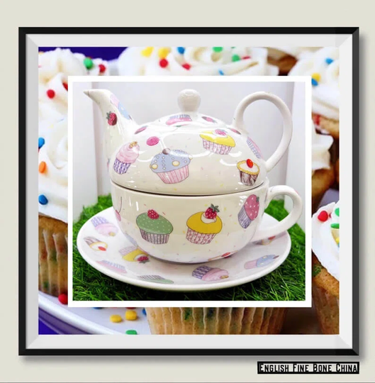 CUPCAKE English Fine Bone China Tea For One. Set Of A Pot, Cup And Saucer