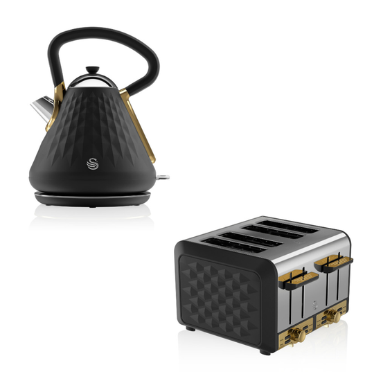 (Black) Swan Gatsby 1.7L Cordless Rapid Boil Kettle & 4 Slice 900W Toaster with Crumb Tray in Stainless Steel