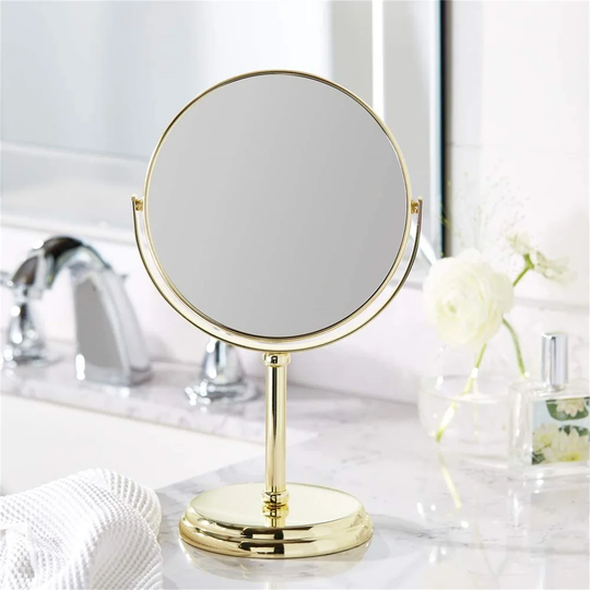 Kautz Round Magnifying Metal Framed Freestanding Makeup / Shaving Mirror in Gold