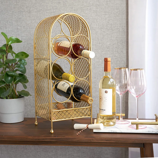 Lawton 7 Bottle Floor Wine Bottle & Glass Rack in Gold
