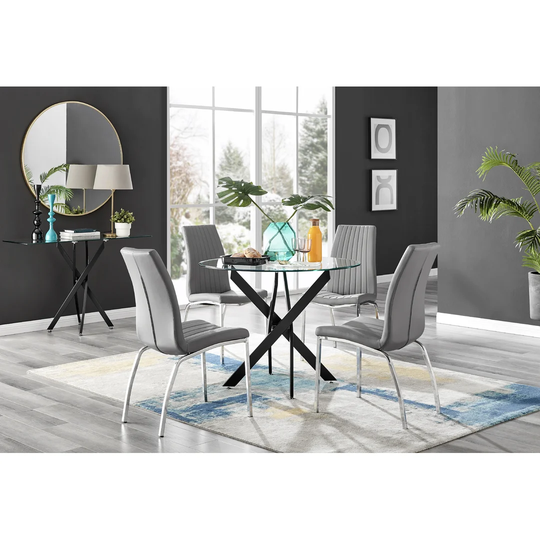 Novara Black Leg Round Glass Dining Table & 4 Grey Willow Chairs