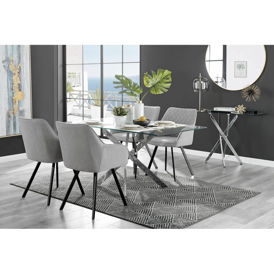 Leonardo Glass And Chrome Dining Table & 4 Light Grey Falun Black Leg Chairs
