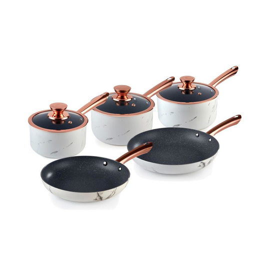 Tower Frying Pan and Saucepan Set, Rose Gold Marble Effect, Non-Stick Coating and Aluminium Body, White, 5 Piece