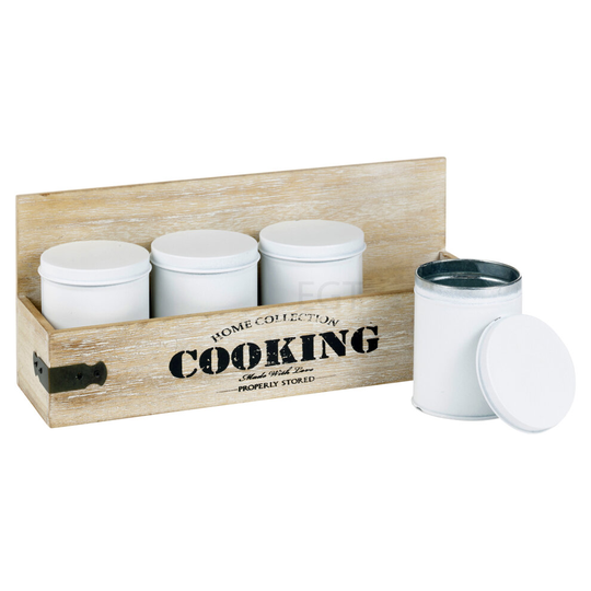 4 Metal Food Tins Tea Coffee Sugar Spices Storage Wooden Holder Rack