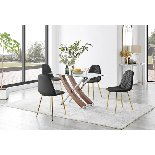 Mayfair Glass & Brown Wood Effect Dining Table & 4 Black Corona Gold Leg Chairs