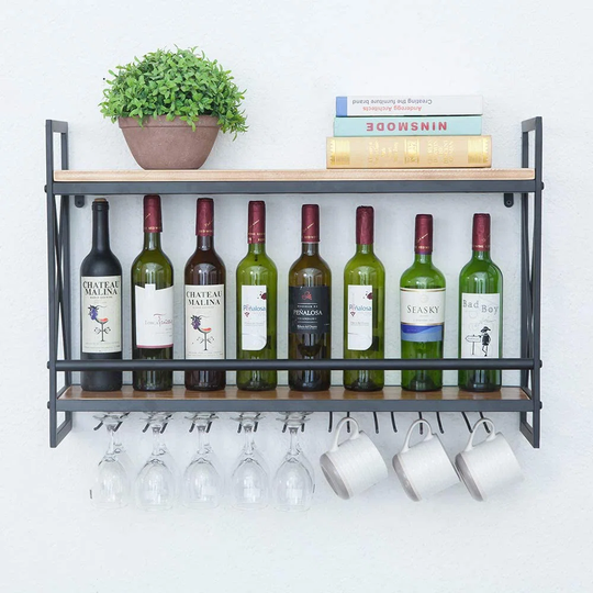 Industrial Wine Racks Wall Mounted With 8 Stem Glass Holder,31.5In Rustic Metal Hanging Wine Holder Wine Accessories,2-Tiers Wall Mount Bottle Holder
