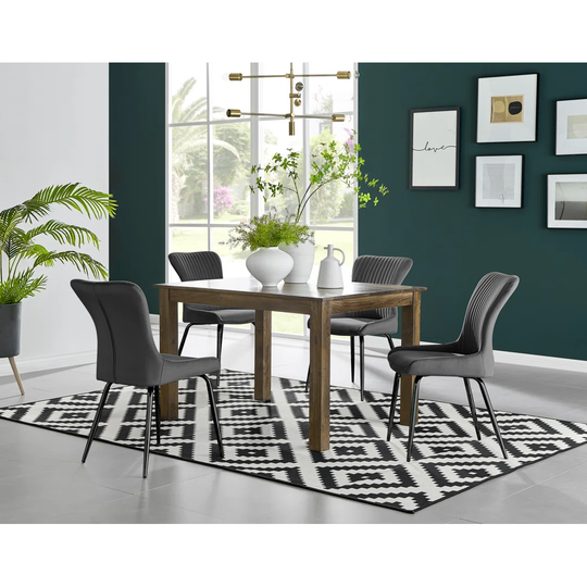 Anders Dark Walnut Solid Wood Dining Table & 4 Dark Grey Nora Black Leg Chairs