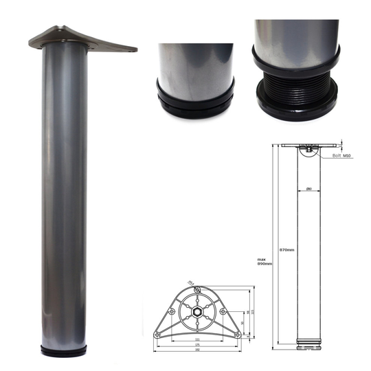 (3) 870mm Adjustable Silver Breakfast Bar Worktop Support Table Leg ø80mm