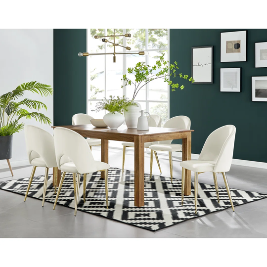 Anders Honey Solid Wood Dining Table & 6 Cream Arlon Gold Leg Chairs